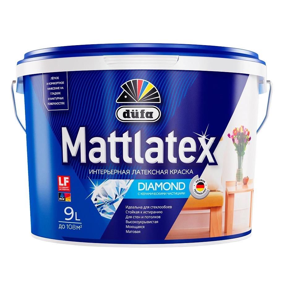 Краска для стен и потолков для влажных помещений латексная Dufa Mattlatex D100 матовая белая 9 л.